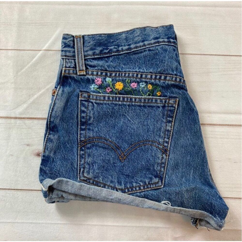 Levi's Flower Embroidered Cut Off Jean Shorts
